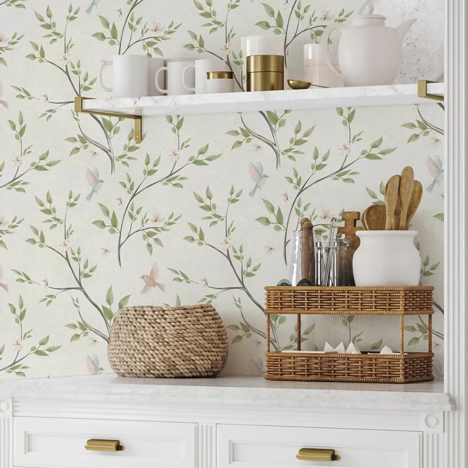 Fototapeedid Akvarelloksad lehtede ja lindudega heledal taustal a00496