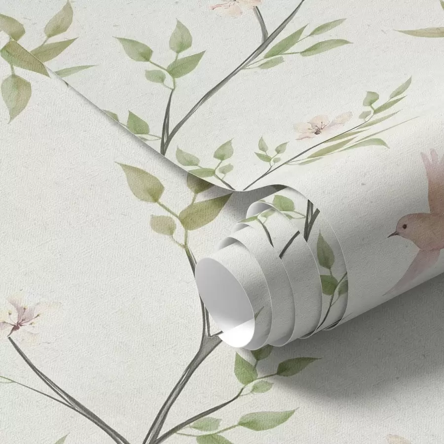 Fototapeedid Akvarelloksad lehtede ja lindudega heledal taustal a00496