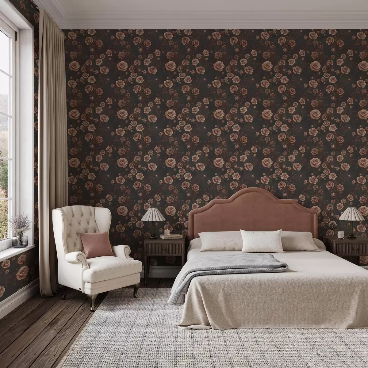 Tapeet Vintage roosid grafiit taustal, terrakotta värvipalett a00497v1