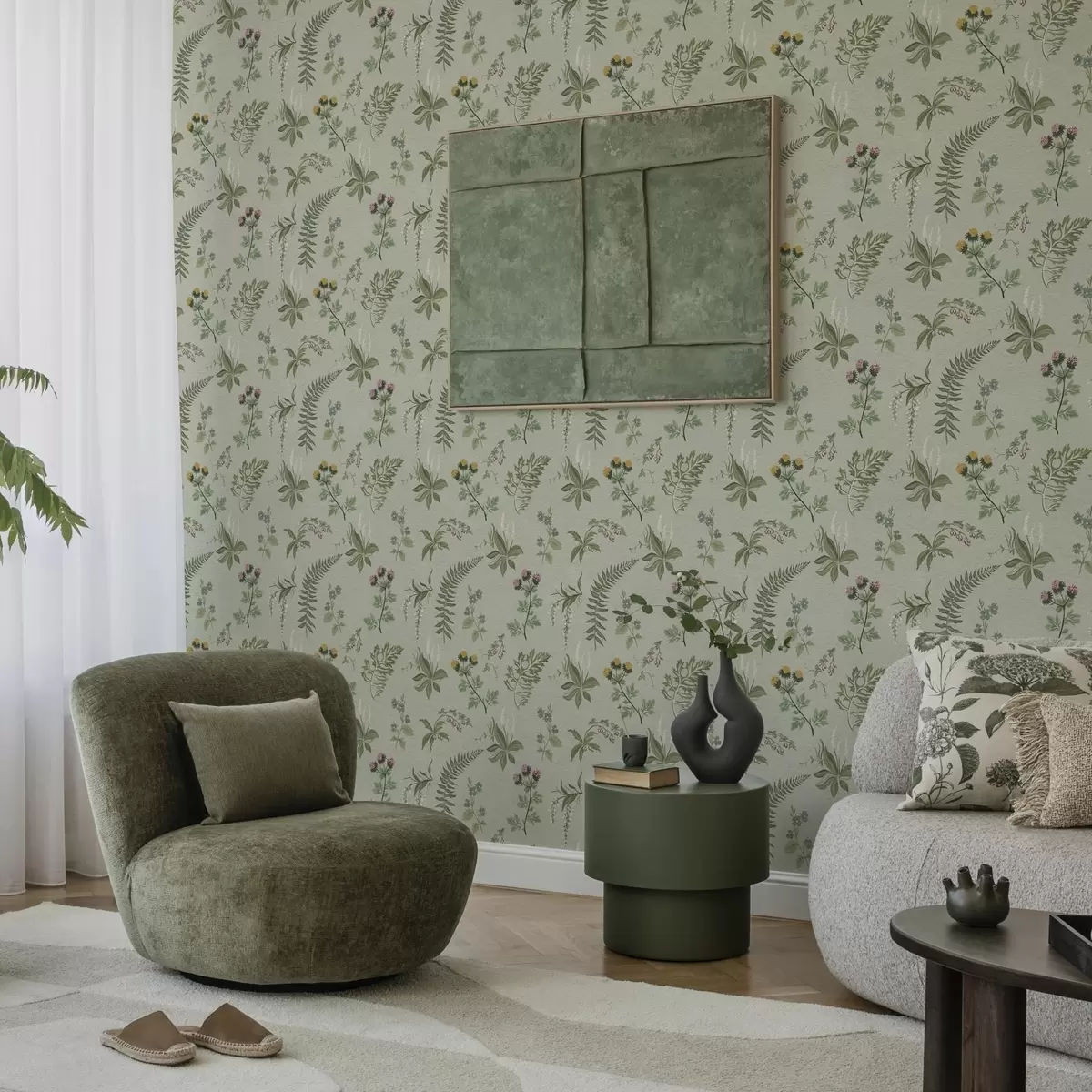 Tapeet Botaanilised rohttaimed ja sõnajalad helehallikasrohelisel taustal a00498