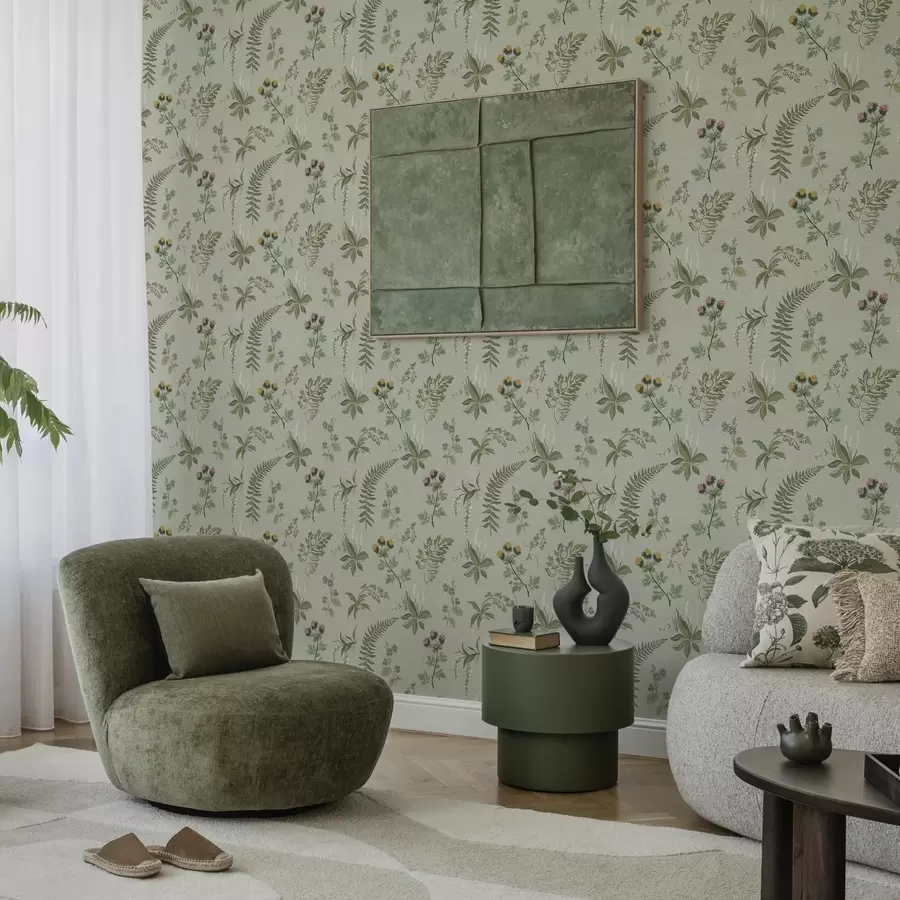 Fototapeedid Botaanilised rohttaimed ja sõnajalad helehallikasrohelisel taustal a00498