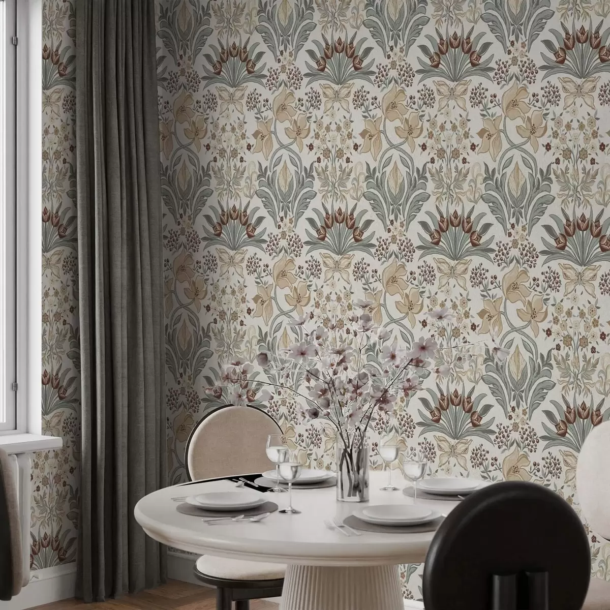 Tapeet Dekoratiivsed liiliad ja liblikas kreemikal taustal a00500