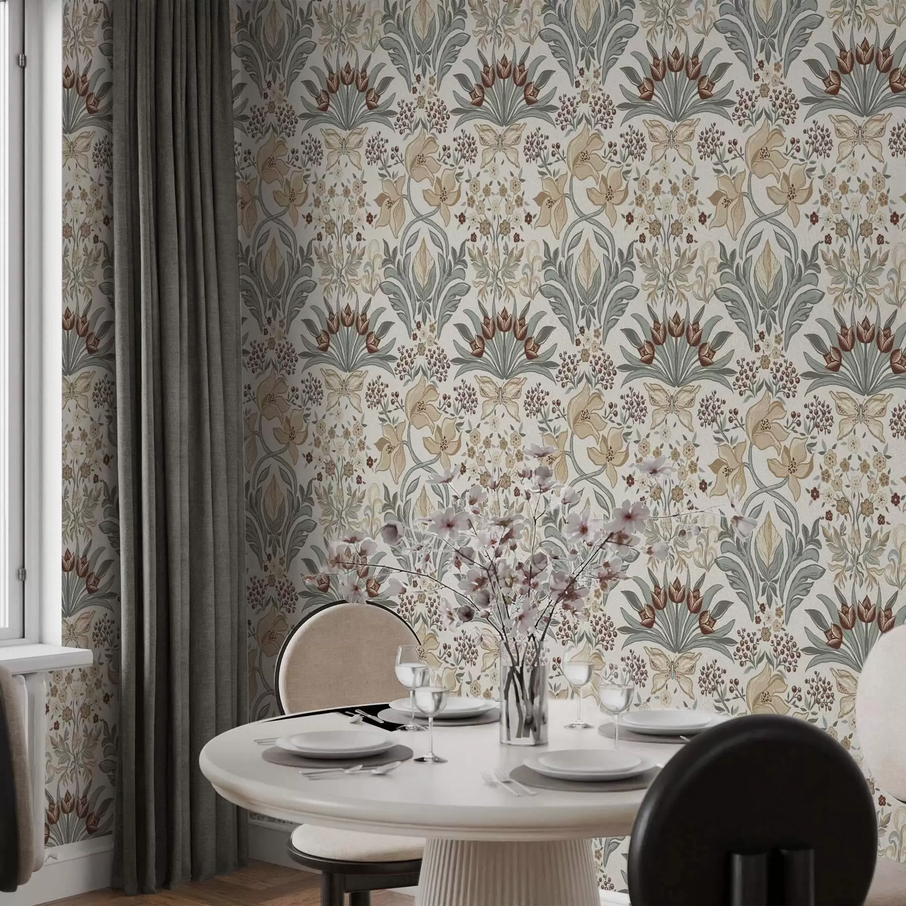 Fototapeedid Dekoratiivsed liiliad ja liblikas kreemikal taustal a00500