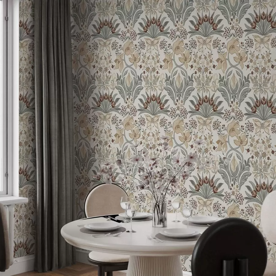 Fototapeedid Dekoratiivsed liiliad ja liblikas kreemikal taustal a00500