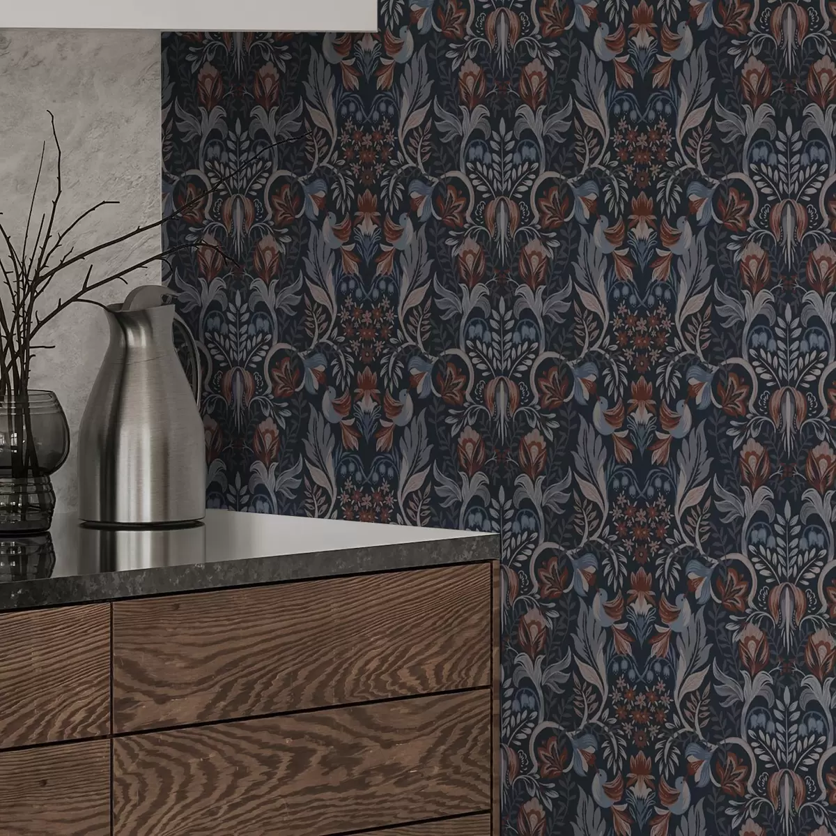 Tapeet Rahvuslik ornament lindudega, sügav indigo a00502v1