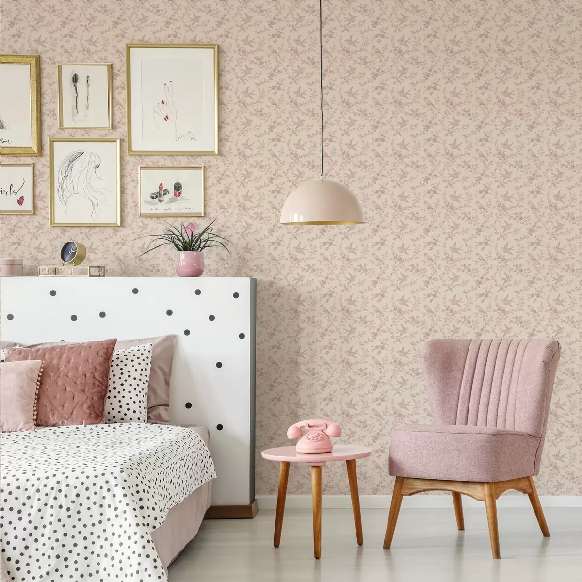 Tapeet Linnud ja roosid, vintage-mustriga puudritoos a00587