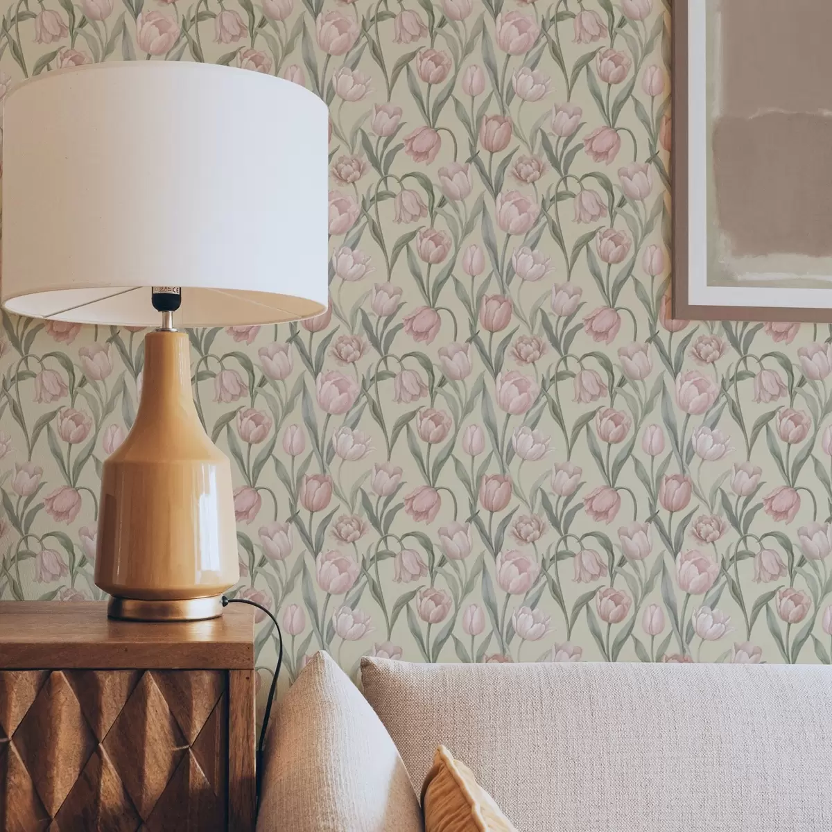 Tapeet Õrnroosa tulbid õrnal beežil taustal a00589