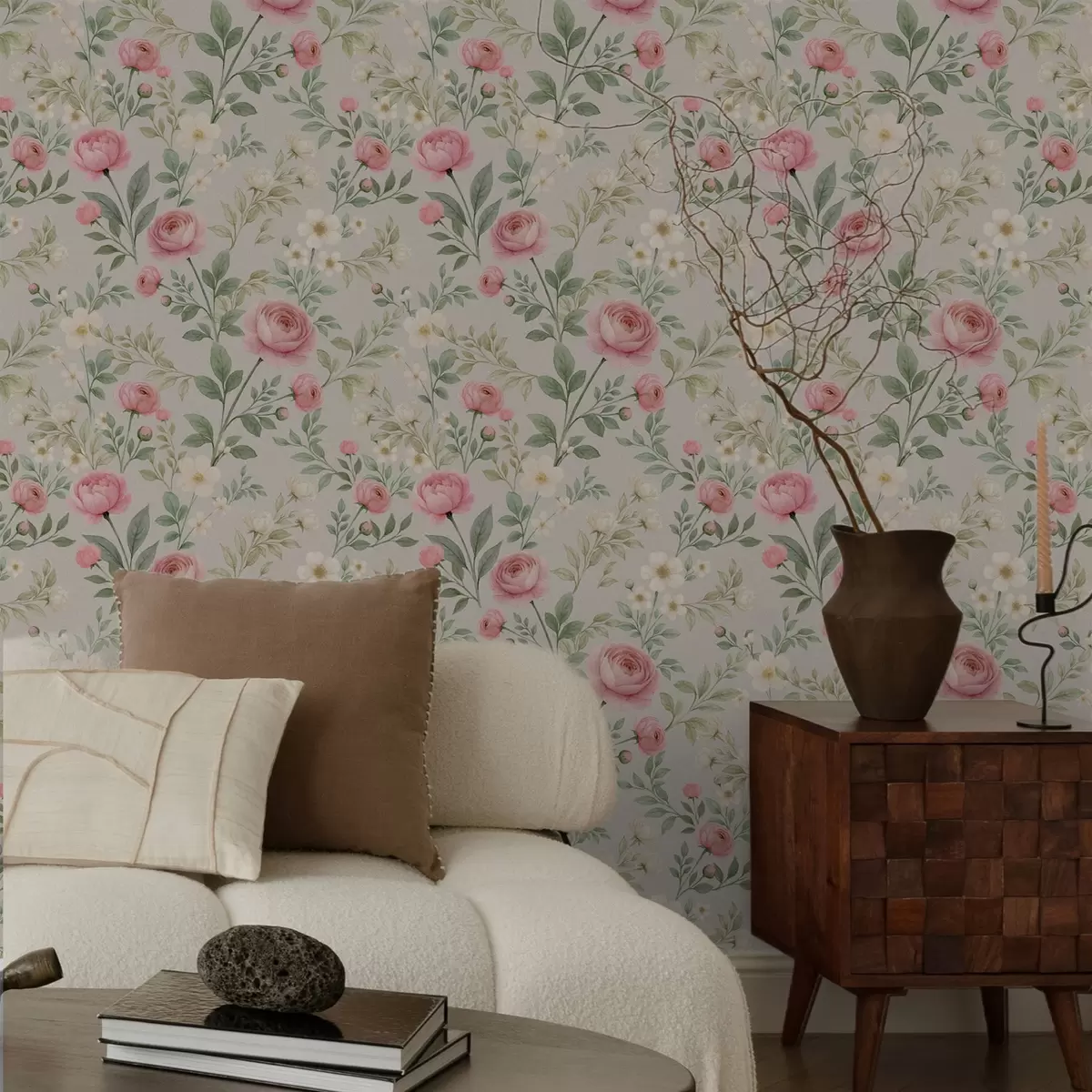 Tapeet Akvarellpioonid ja valged lilled hallikaspruunil taustal a00592