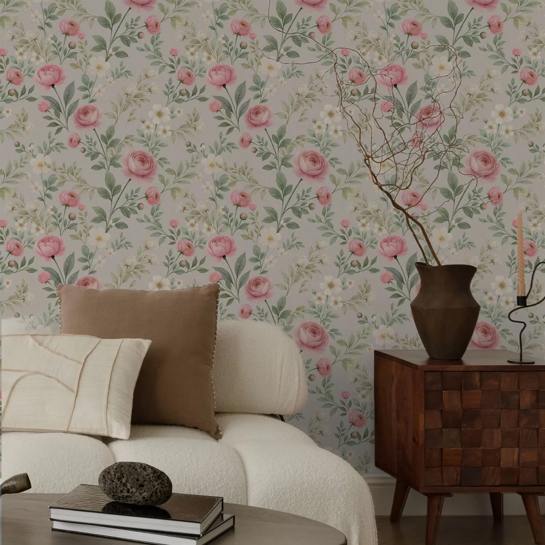 Fototapeedid Akvarellpioonid ja valged lilled hallikaspruunil taustal a00592