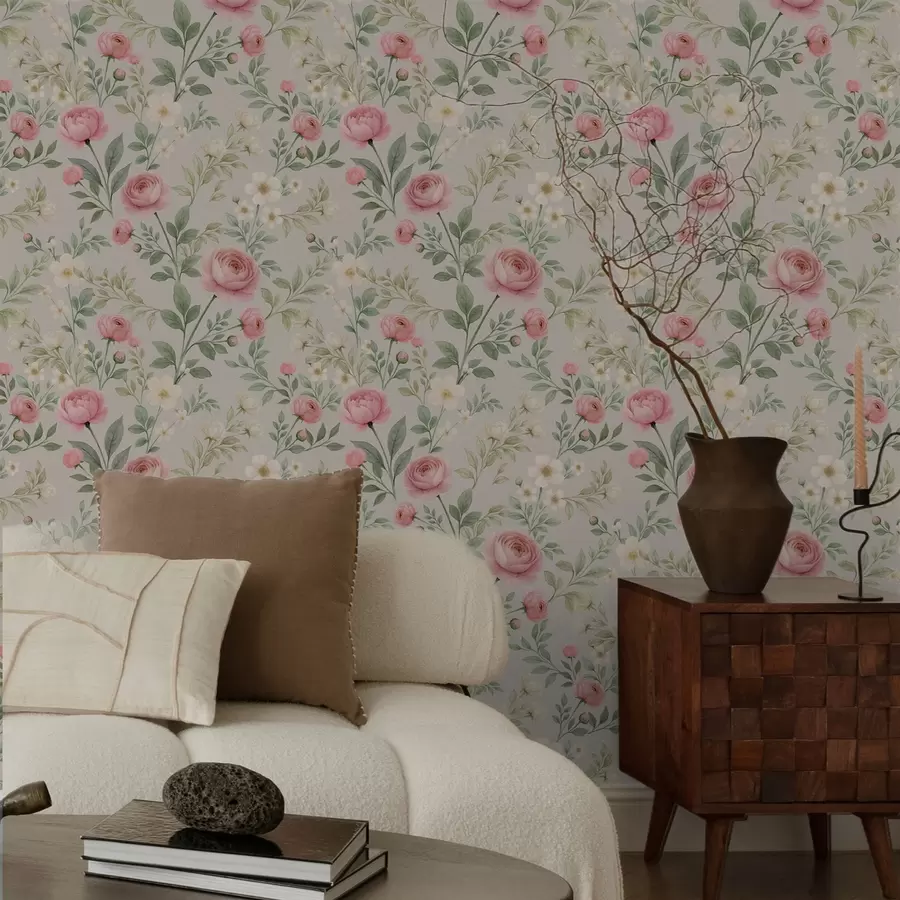 Fototapeedid Akvarellpioonid ja valged lilled hallikaspruunil taustal a00592