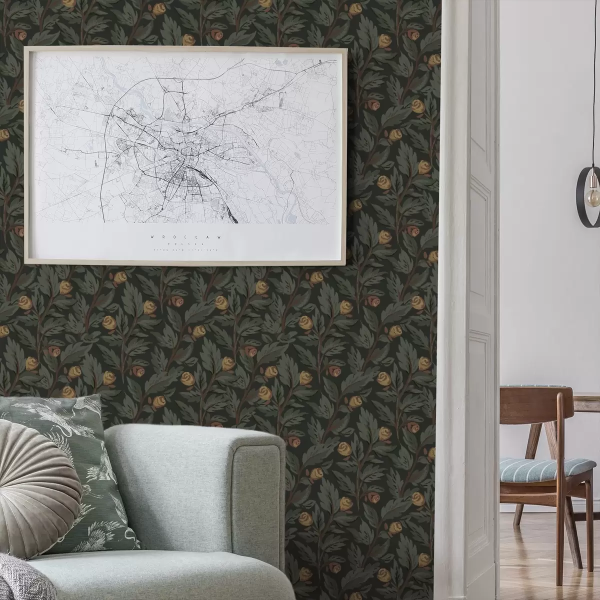 Tapeet Tume lillemustriga, kollaste pungade ja lehtedega a00598