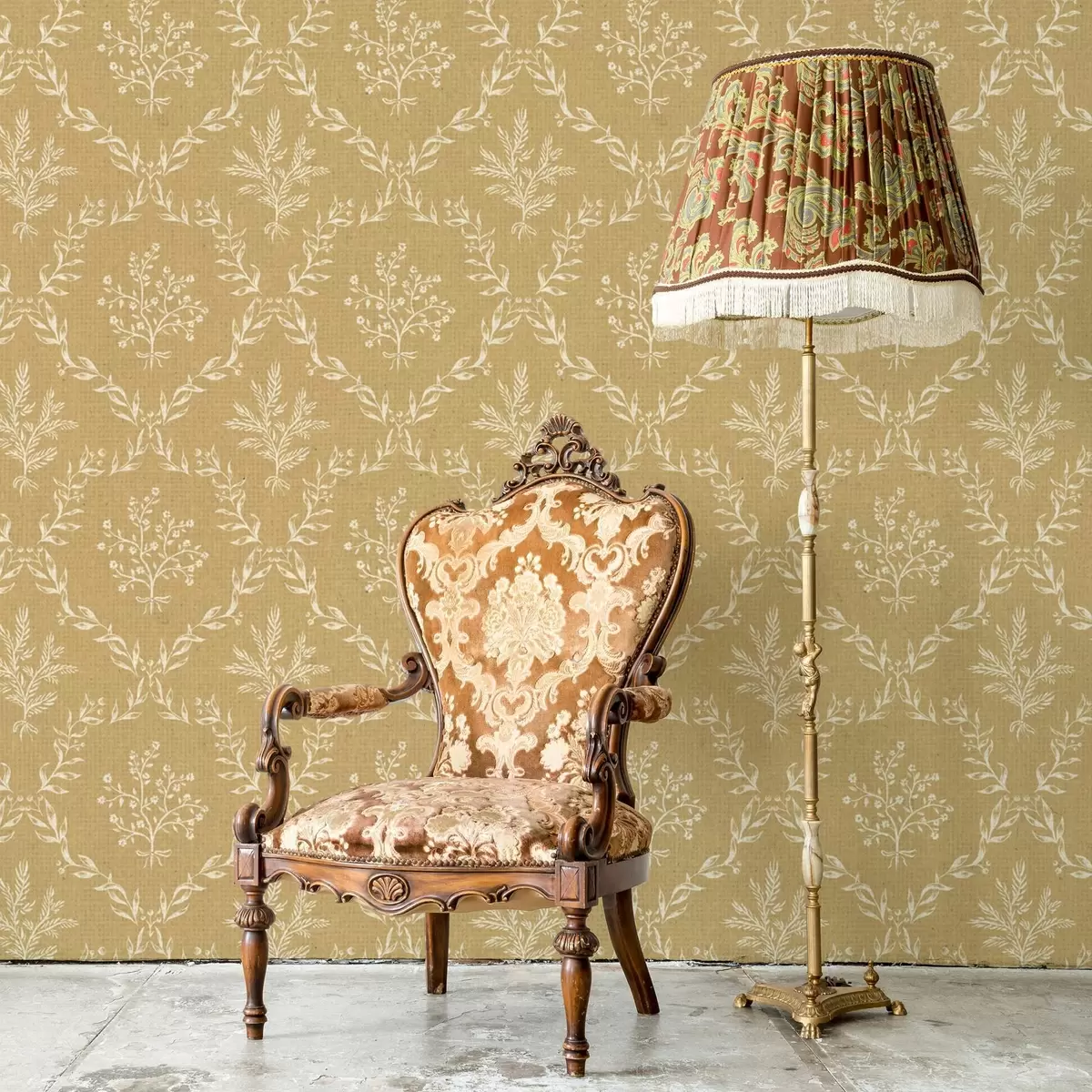 Tapeet Valged ürdi- ja lillekimbud sinepikollasel taustal a00599