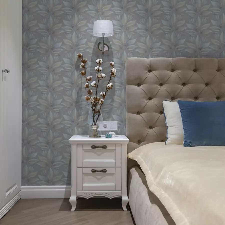 Fototapeedid Suured stiliseeritud lehed sinise-liivase värvipaleti ja halli taustaga a00601