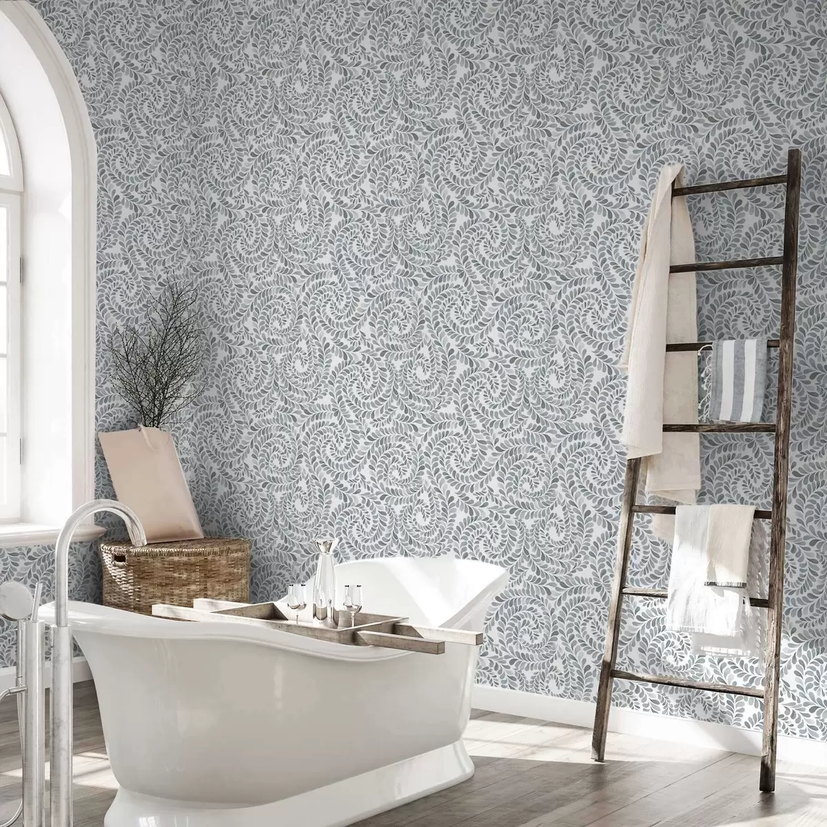 Tapeet Lehtede spiraalid jahedates hallikassinistes toonides a00602v1