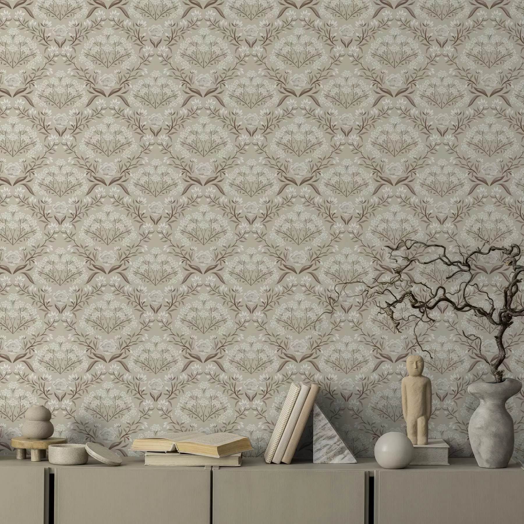 Fototapeedid Beež damask: peonid, lumikellukesed ja pitsilised klastrid a00603v1