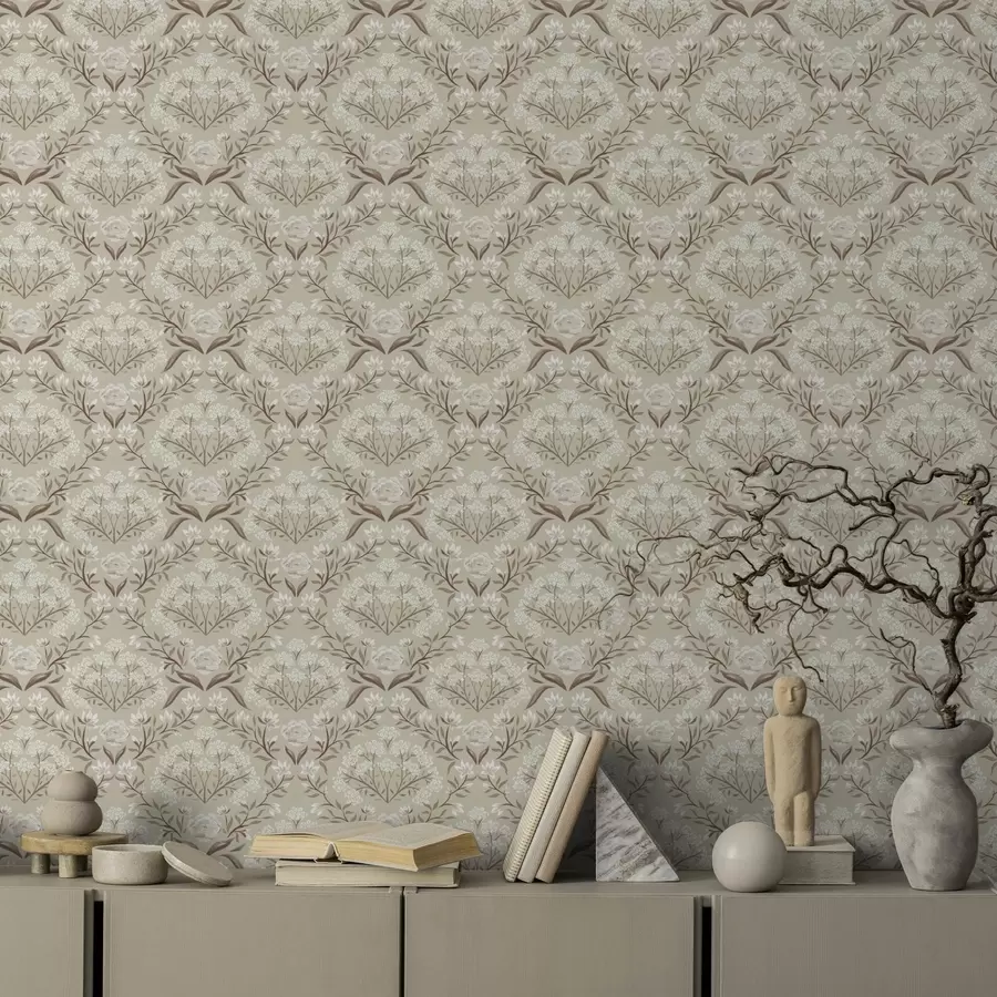 Fototapeedid Beež damask: peonid, lumikellukesed ja pitsilised klastrid a00603v1