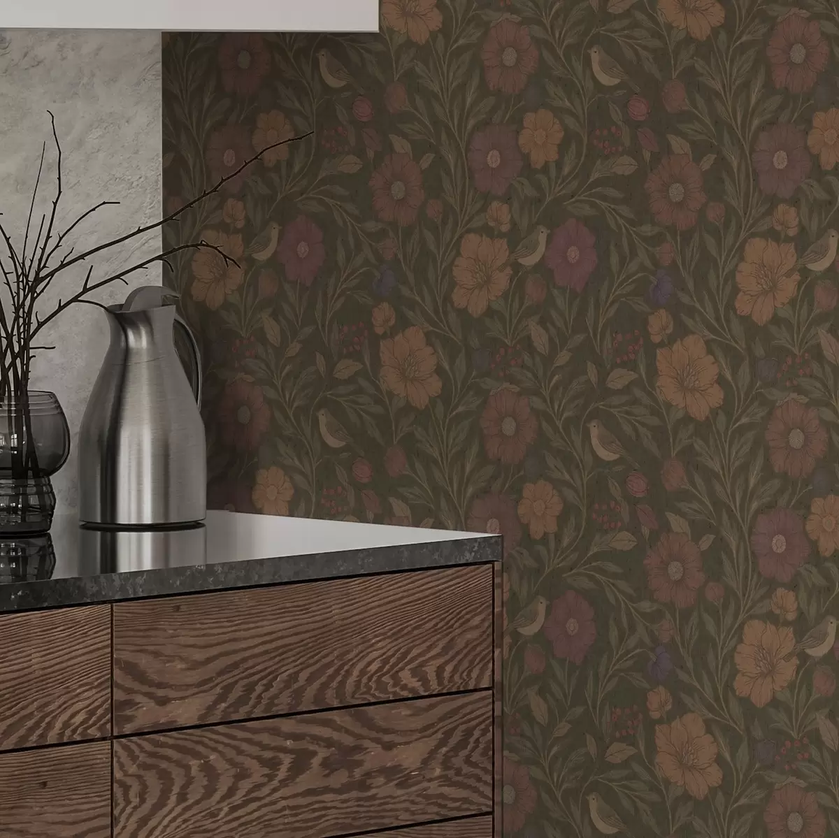 Tapeet Sügislilled ja linnud oliivpruuni taustal a00605