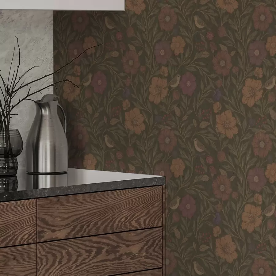 Fototapeedid Sügislilled ja linnud oliivpruuni taustal a00605