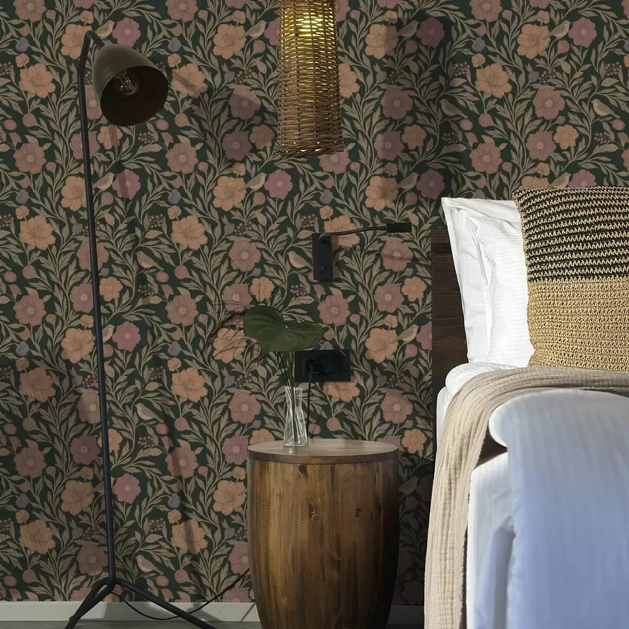 Fototapeedid Sügisene lilled ja linnud sügaval smaragdrohelisel taustal a00605v1