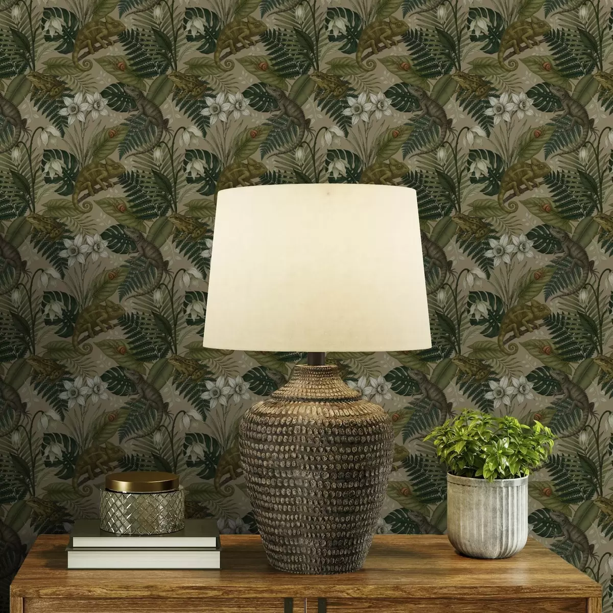 Tapeet Kameeleonid ja troopilised lehed, valged lilled, beež taust a00608