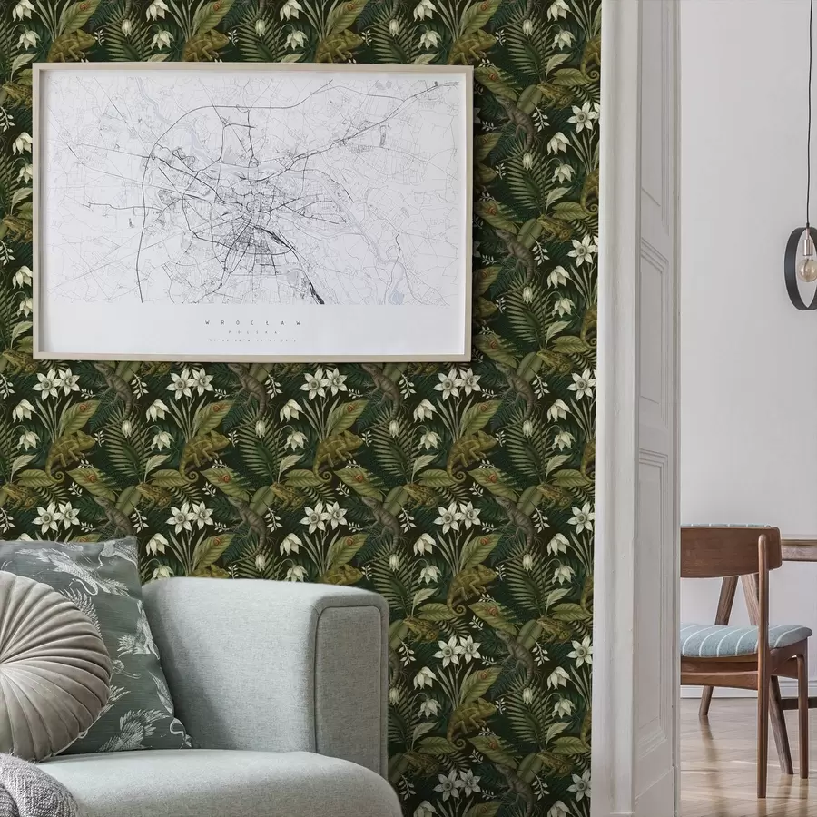 Fototapeedid Kameeleonid ja troopilised lehed, valged lilled, tume taust a00608v1