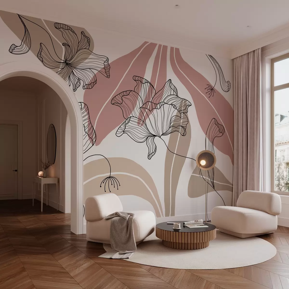 Fototapeedid abstraktsed lehed ja lilled puudritoose ja beežides toonides w04499