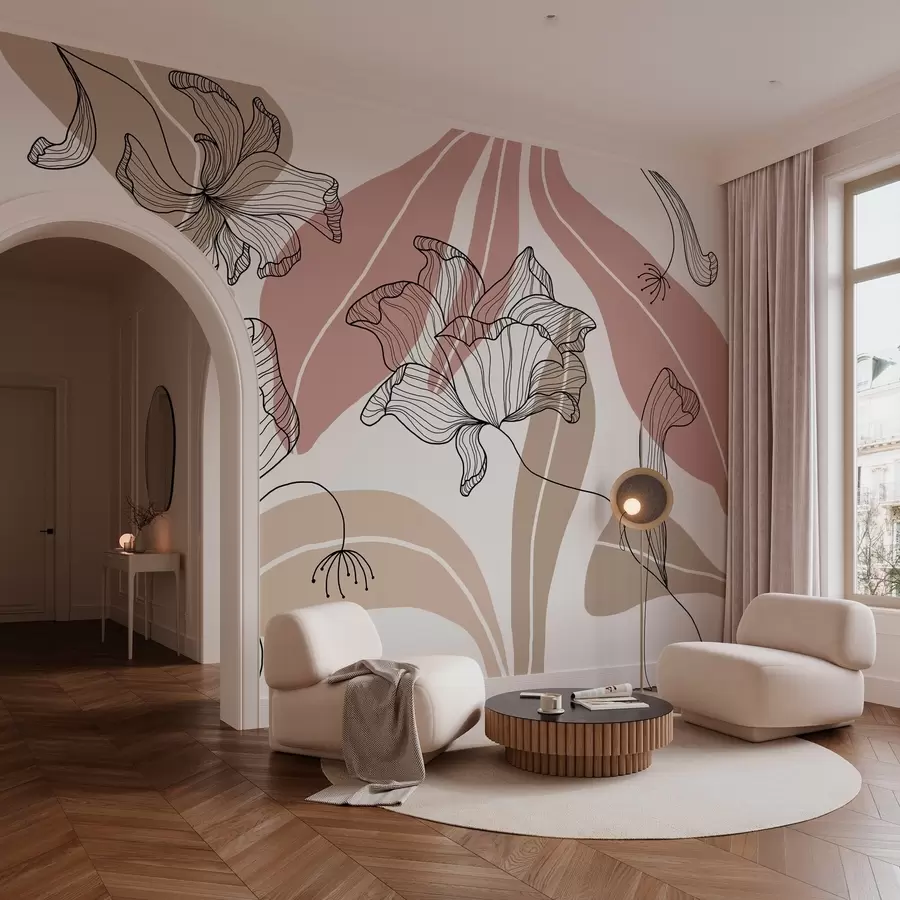 Fototapeedid abstraktsed lehed ja lilled puudritoose ja beežides toonides w04499