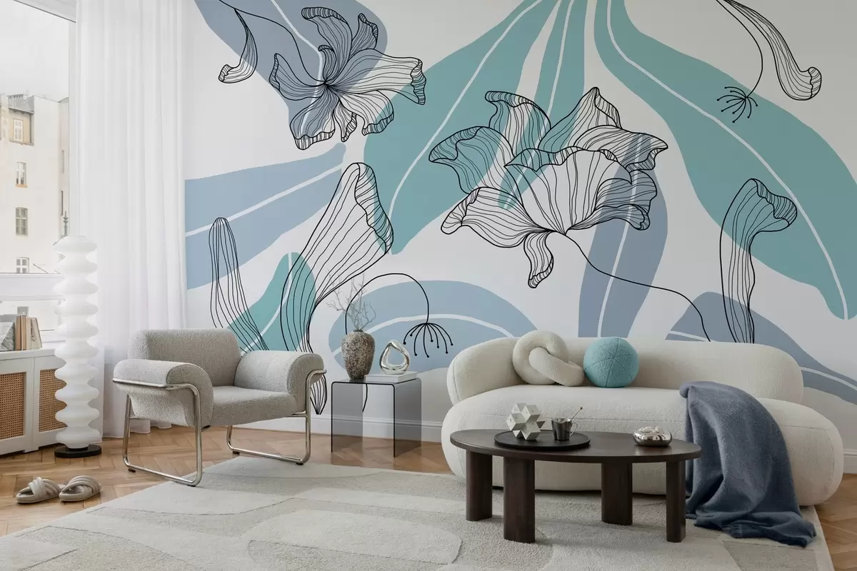 Fototapeedid sinistes toonides abstraktsed lehed ja lilled w04499v2