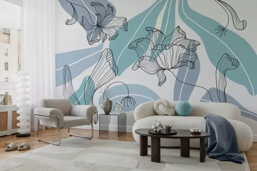 Fototapeedid sinistes toonides abstraktsed lehed ja lilled w04499v2