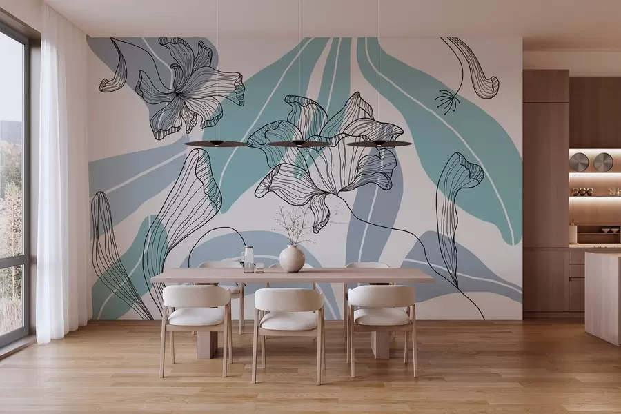 Fototapeedid sinistes toonides abstraktsed lehed ja lilled w04499v2