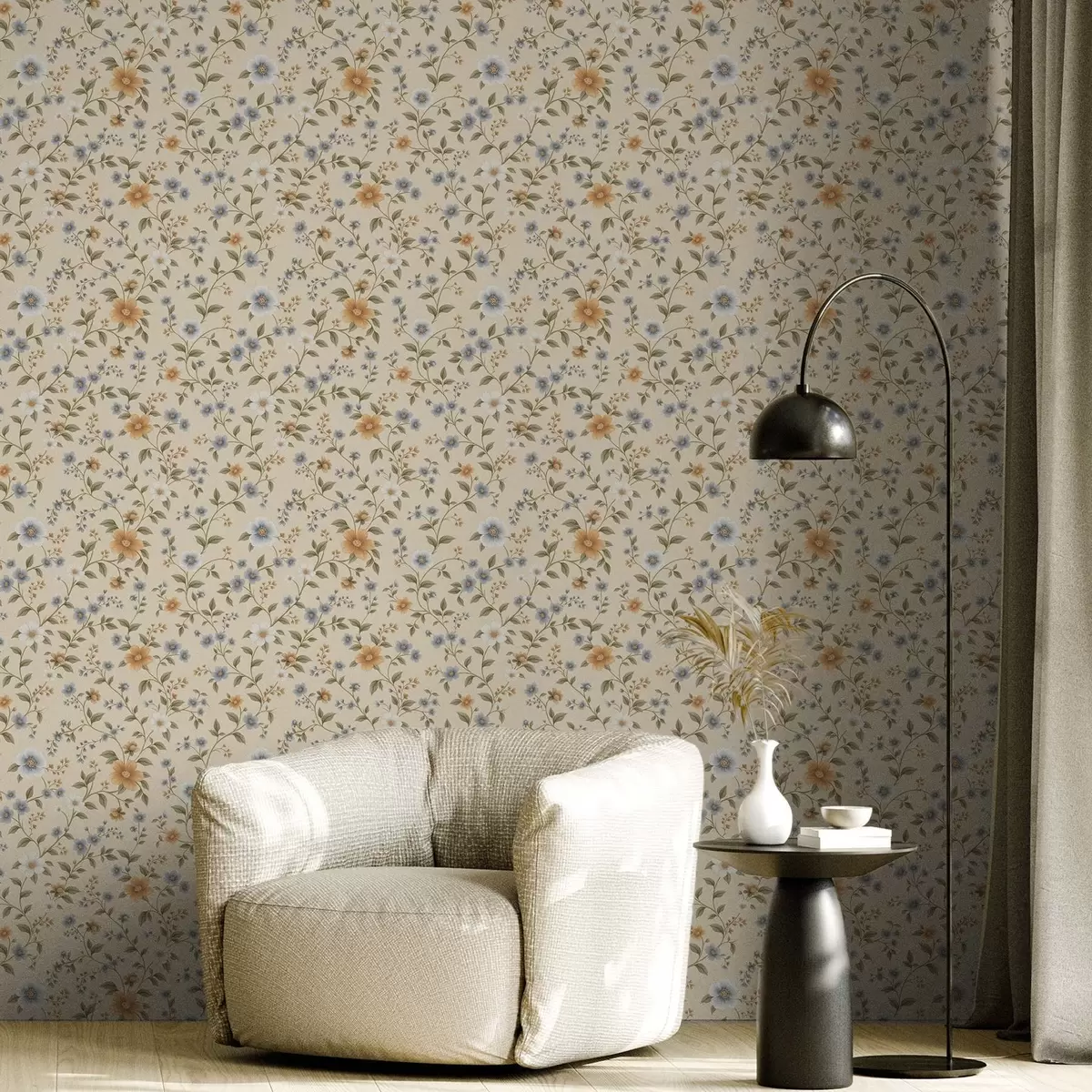 Tapeet Lillelised oksad siniste ja virsikuõitega a00575