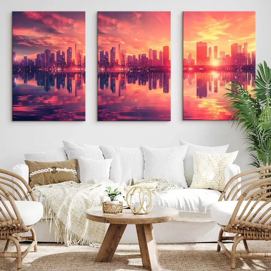 Pilt Romantiline päikeseloojang modernse linna taustal m00784