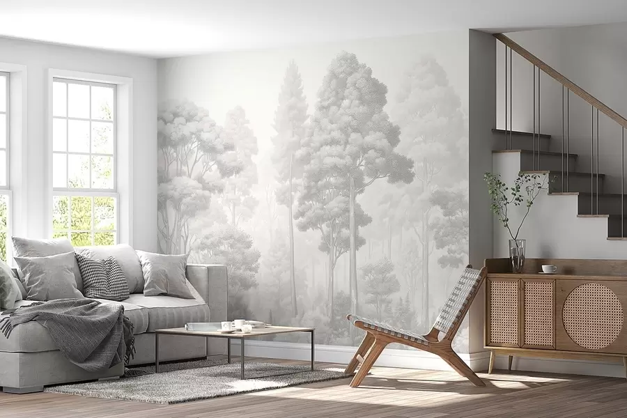 Fototapeedid Kunstiline metsa maastik must-valge graafilise varjutusega tehnikas w09411
