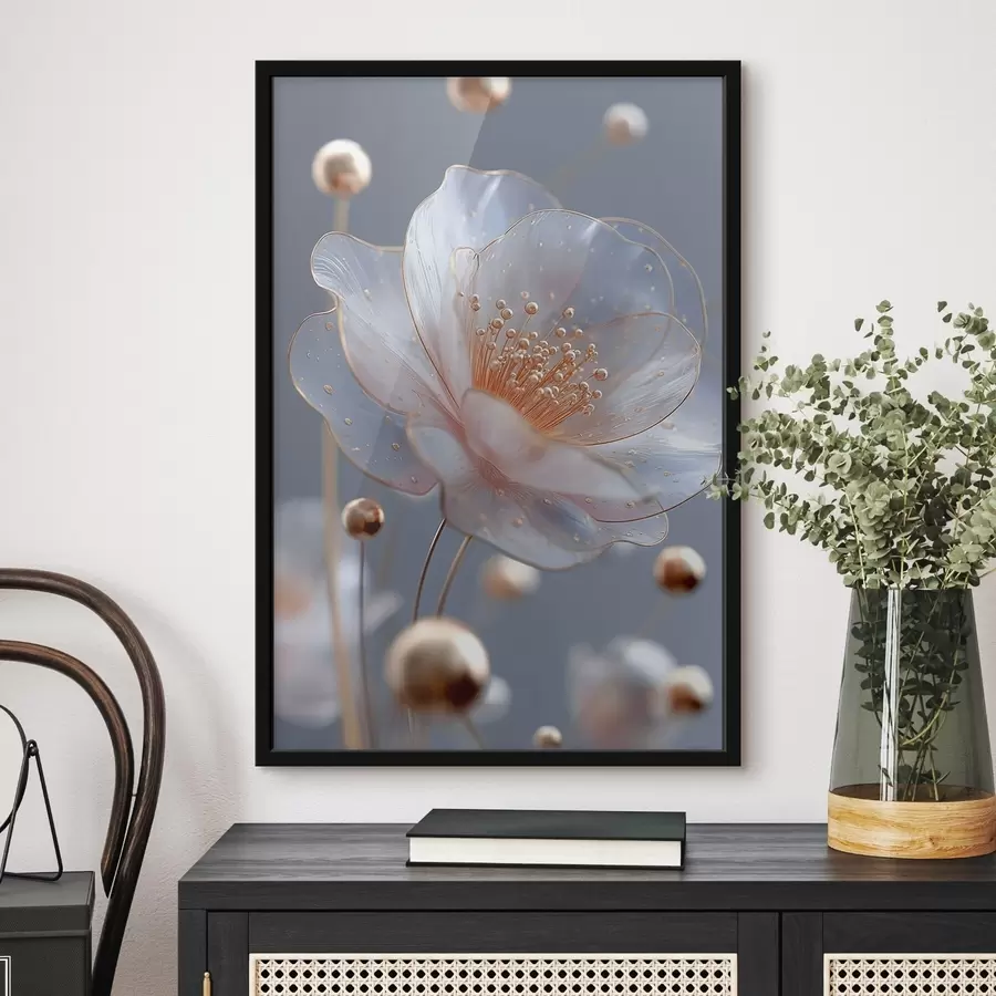 Fototapeedid Läbipaistev lill sinisel taustal, millel on vasest tolmukad f45880