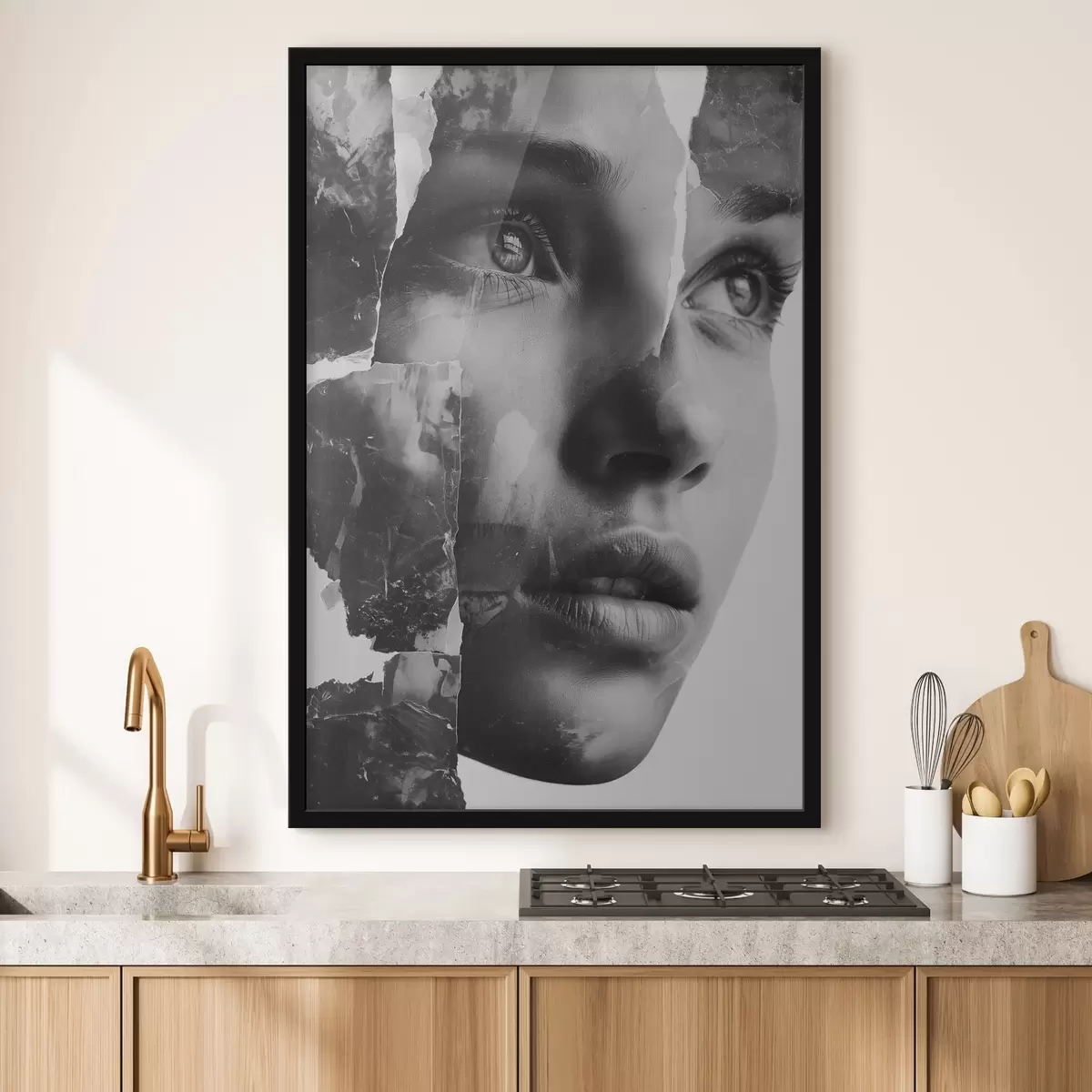 Plakat Must-valge kollaažportree rebitud tekstuuriga kihtidega f45898