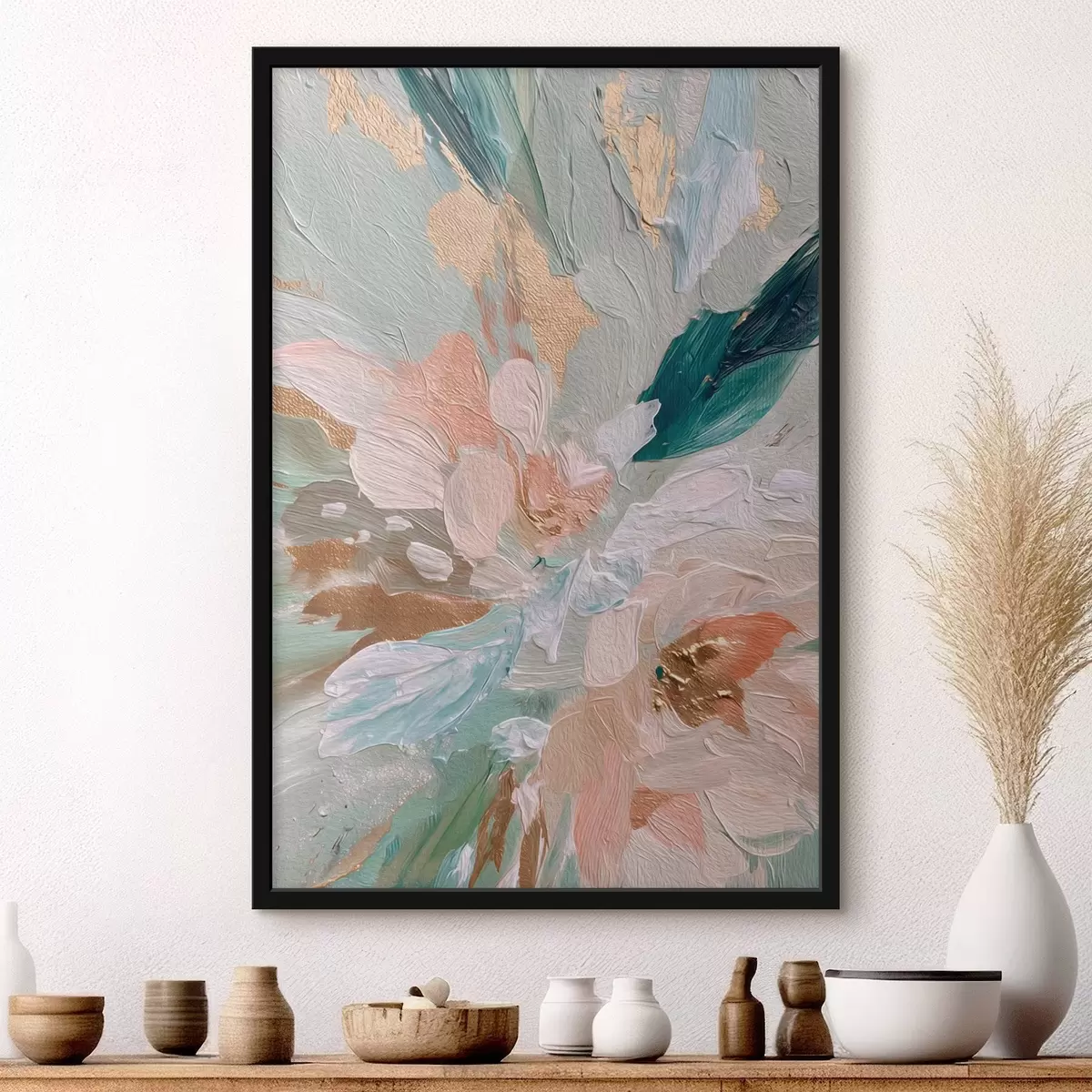 Plakat Pastelsed lillelised jooned kollaste täppidega f45899