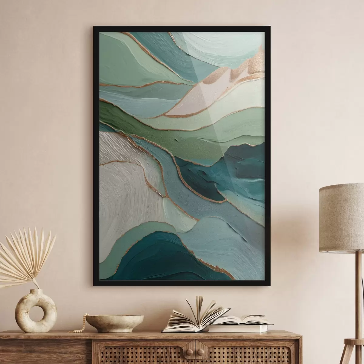 Plakat Kihiline roheline abstraktsioon kollaste joonte ja sügavusega f45902