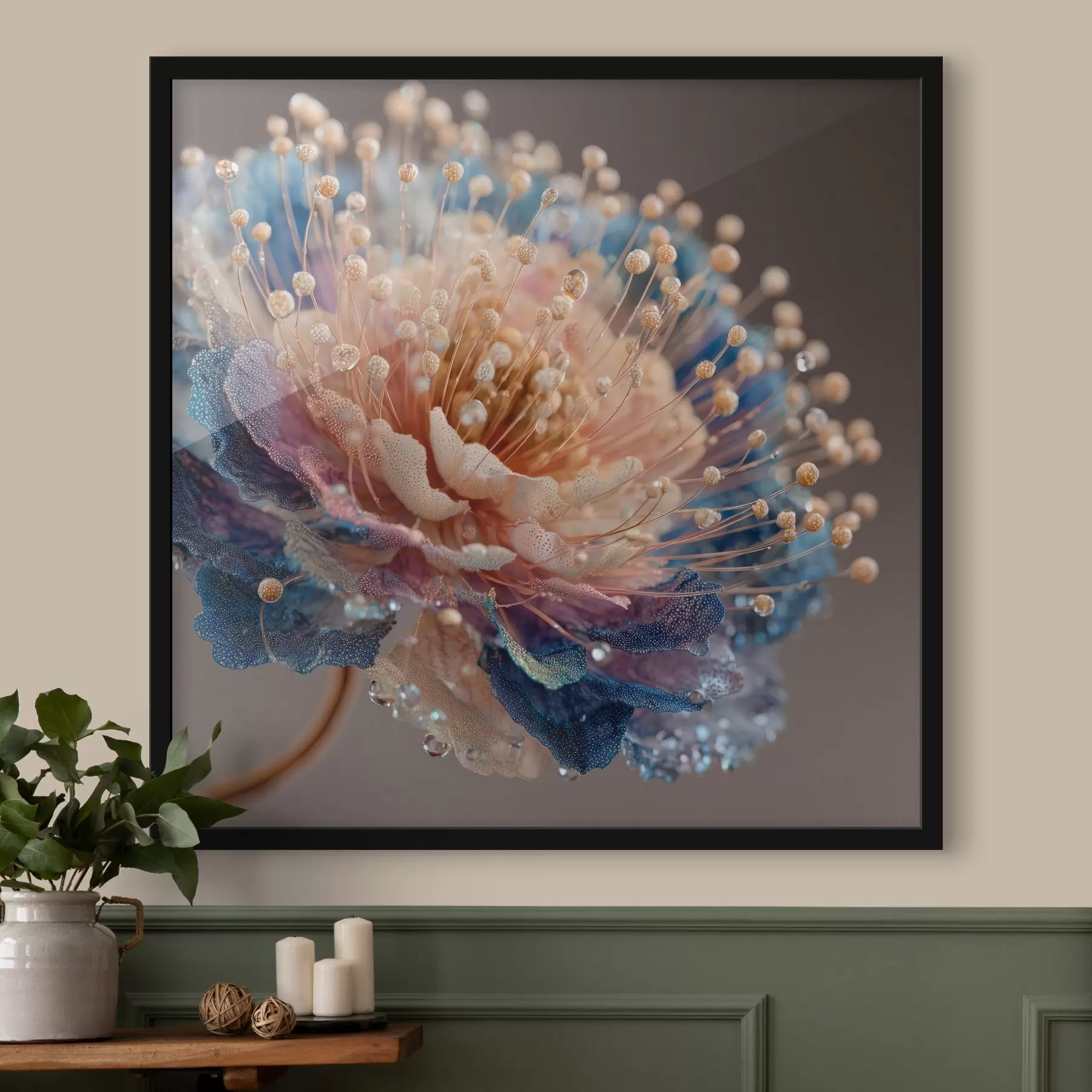 Fototapeedid Pärlmutterjas lill kastepiiskadega, virsiku- ja sinised kroonlehed f45911