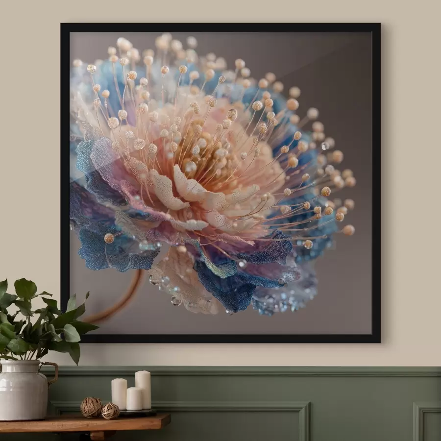 Fototapeedid Pärlmutterjas lill kastepiiskadega, virsiku- ja sinised kroonlehed f45911