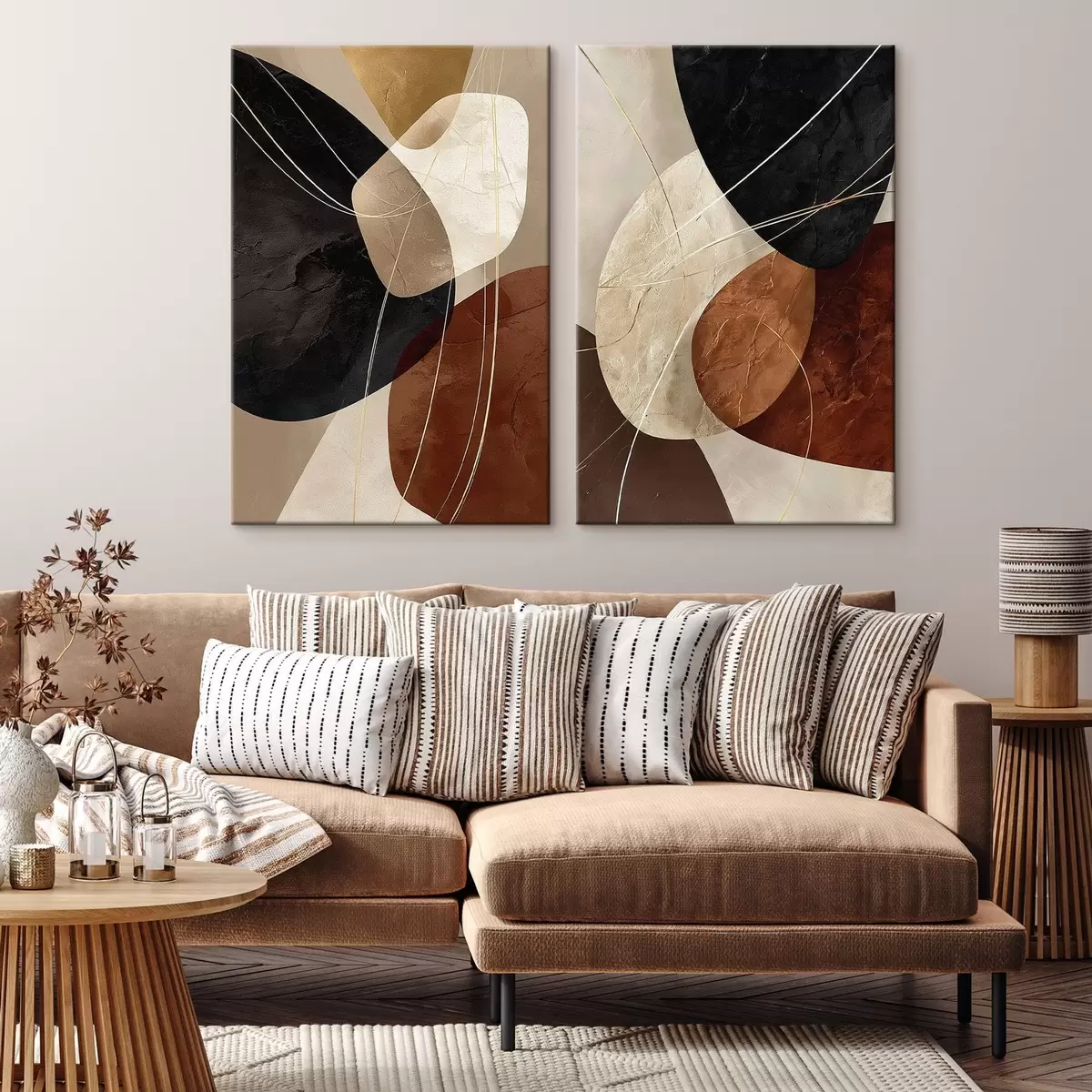 Pilt Geomeetrilised ovaalid soojas värvipalettis kollaste joontega m00763