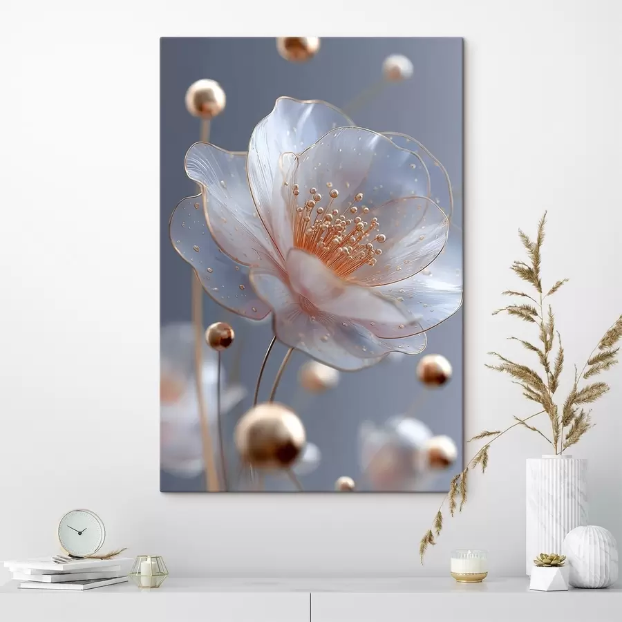 Pilt Läbipaistev lill sinisel taustal, millel on vasest tolmukad s45880