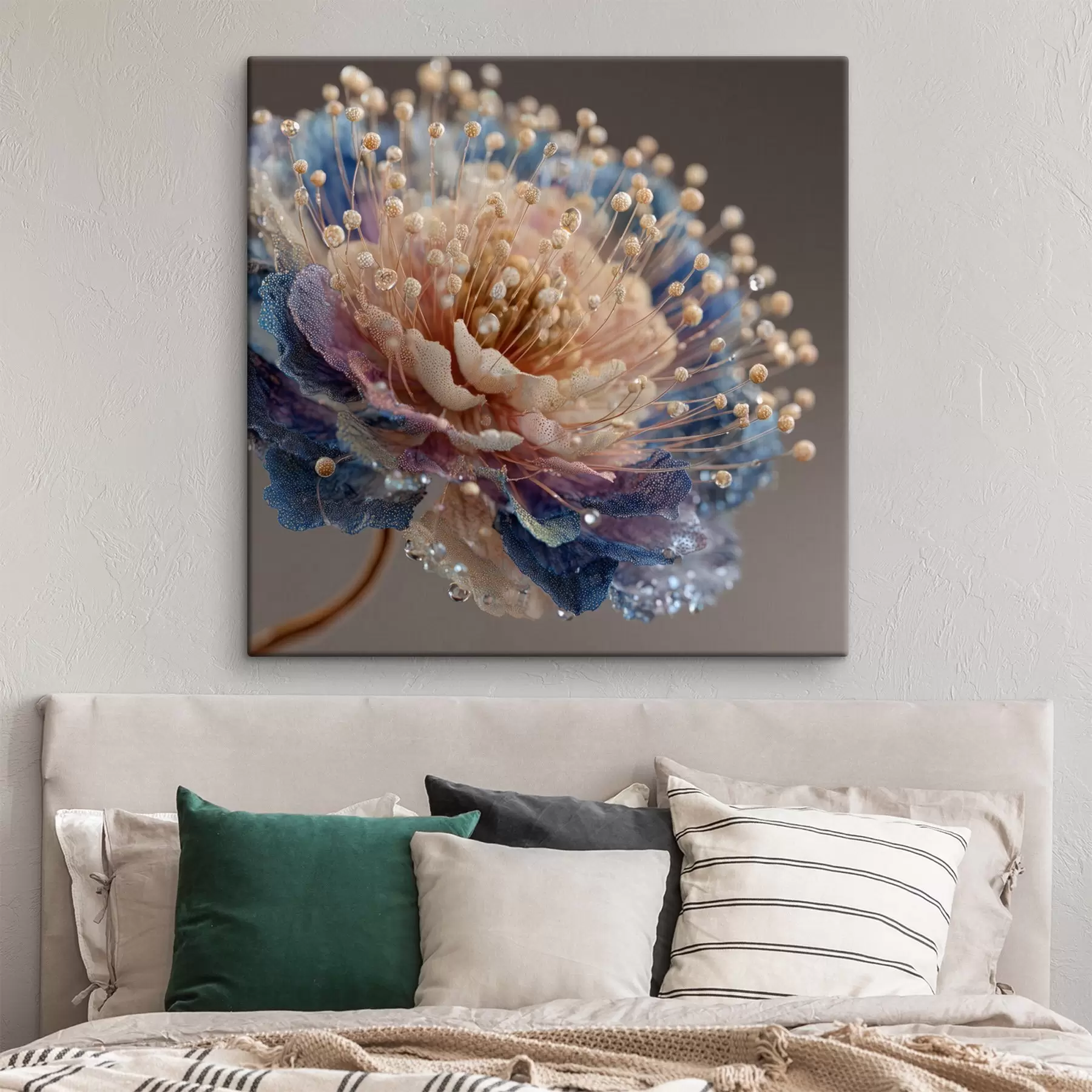 Pilt Pärlmutterjas lill kastepiiskadega, virsiku- ja sinised kroonlehed s45911