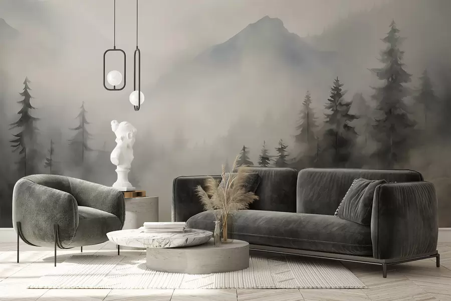 Fototapeedid Mägedega taustal udus olev mets w04493