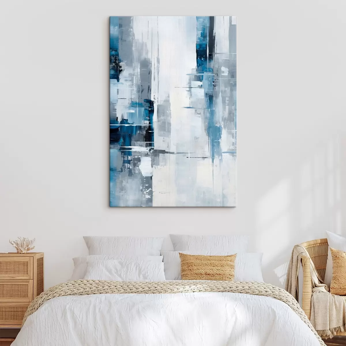 Pilt Abstraktne maal, mis imiteerib sinist, halli ja valget värvi, vertikaalseid jooni ja geomeetrilisi kujundeid s45926