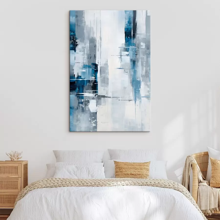 Pilt Abstraktne maal, mis imiteerib sinist, halli ja valget värvi, vertikaalseid jooni ja geomeetrilisi kujundeid s45926