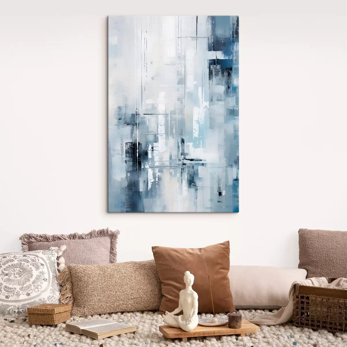 Pilt Abstraktne maal, mis imiteerib sinist, halli ja valget värvi, vertikaalseid jooni ja geomeetrilisi kujundeid s45927