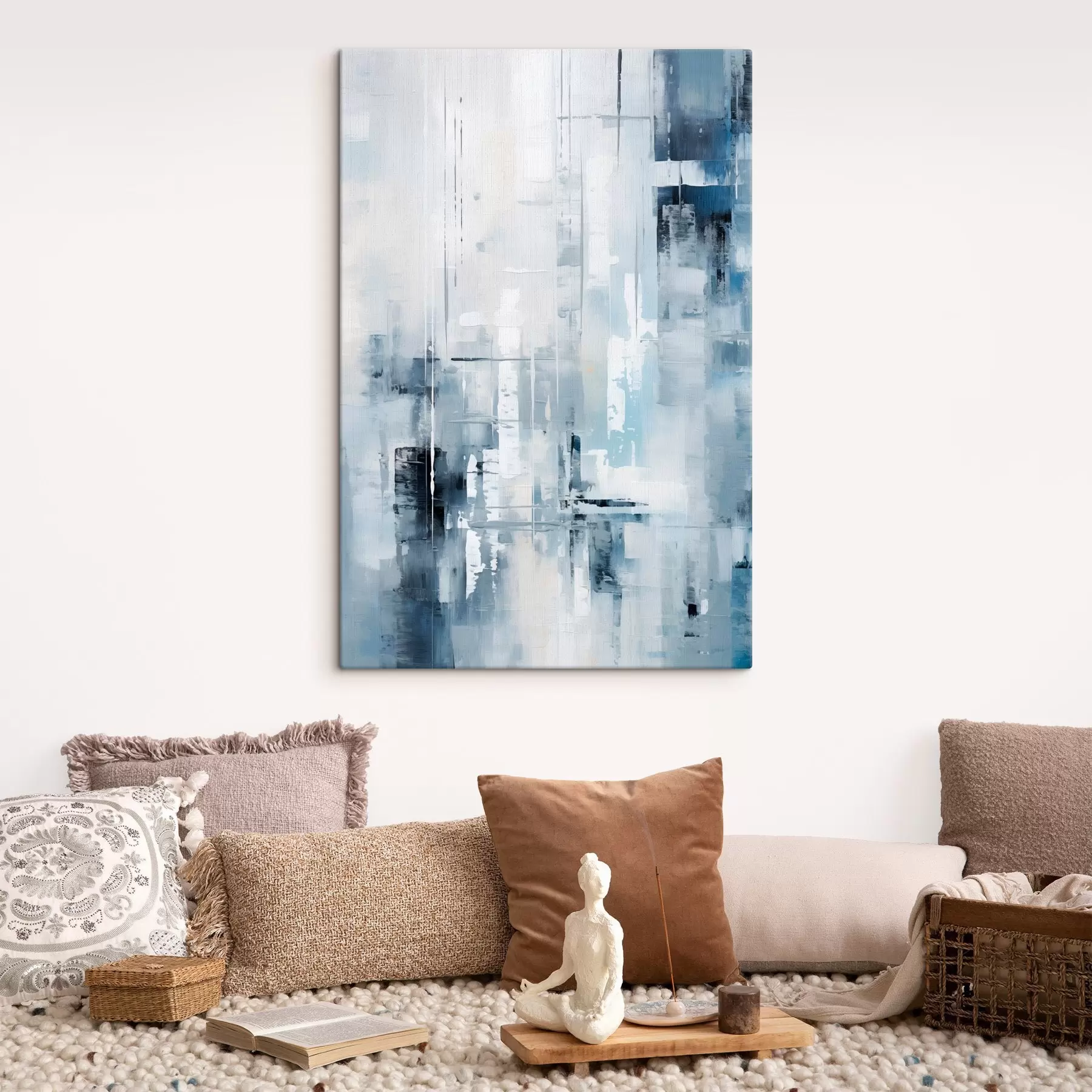 Pilt Abstraktne maal, mis imiteerib sinist, halli ja valget värvi, vertikaalseid jooni ja geomeetrilisi kujundeid s45927