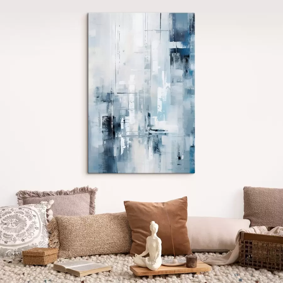 Pilt Abstraktne maal, mis imiteerib sinist, halli ja valget värvi, vertikaalseid jooni ja geomeetrilisi kujundeid s45927