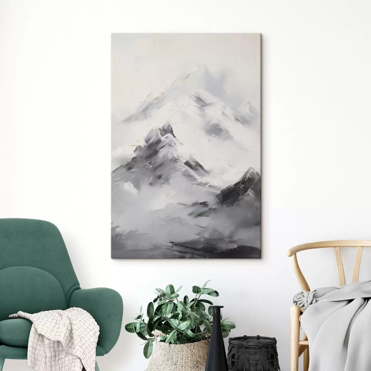 Pilt Lumised mäetipud hallide varjudega, hall taevas, pintslitõmbed, tekstuurne, minimalistlik s45933