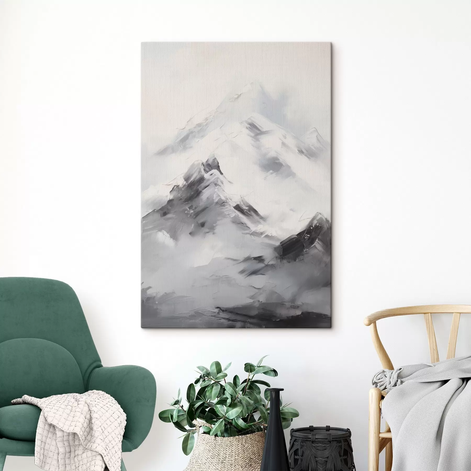 Fototapeedid Lumised mäetipud hallide varjudega, hall taevas, pintslitõmbed, tekstuurne, minimalistlik s45933